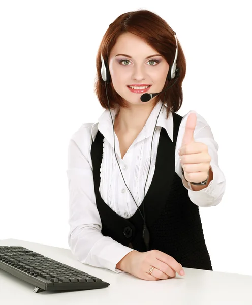 Uśmiechnięte dziewczyny usługi młodych klientów z zestawu słuchawkowego — Zdjęcie stockowe
