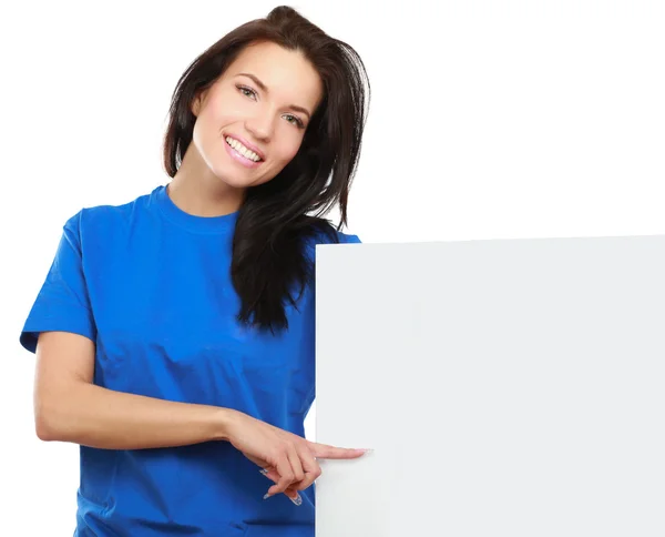 Young woman with blank board banner — Stock Photo, Image
