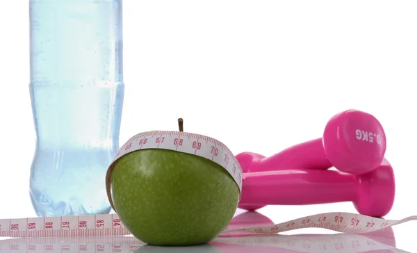 Água, maçã, fita adesiva, halteres — Fotografia de Stock