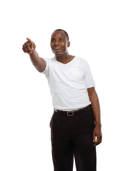 Retrato de um afro-americano mostrando algo — Fotografia de Stock