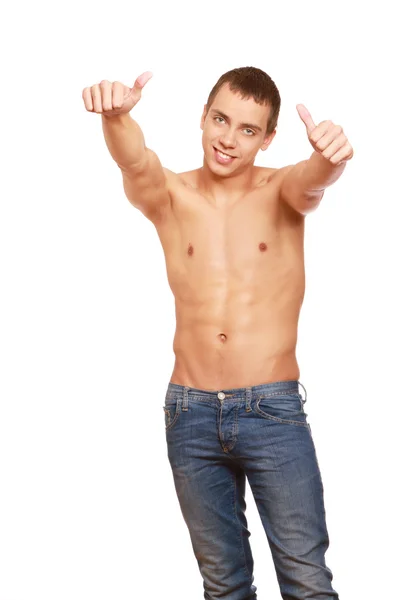 Shirtless young man showing ok — Stockfoto