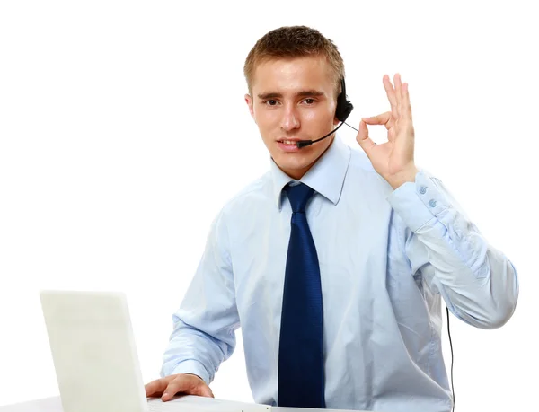 Man calling with headset and showing ok — Stock Photo, Image