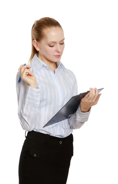 Businesswoman with a folder and a pen — Stock Photo, Image