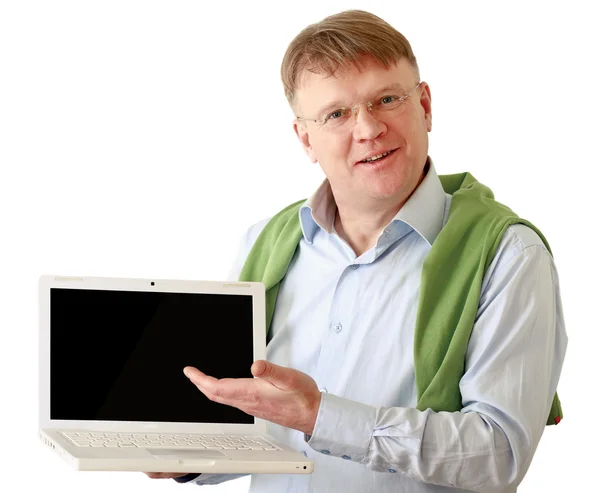 Homme présentant ordinateur portable — Photo