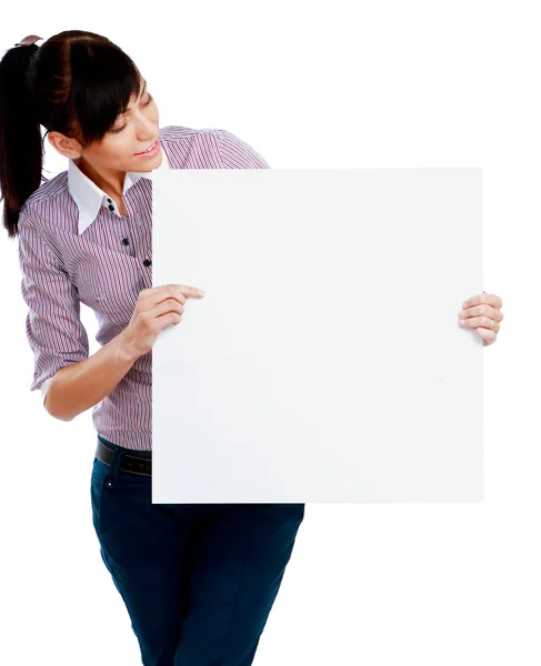 Kvinde med blank bord banner - Stock-foto