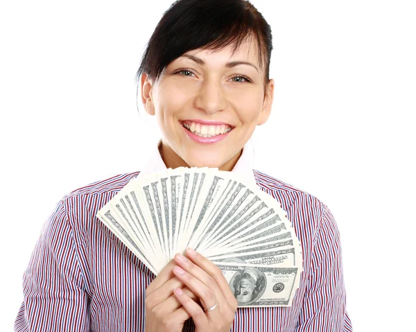 Woman with dollars in her hands — Stock Photo, Image