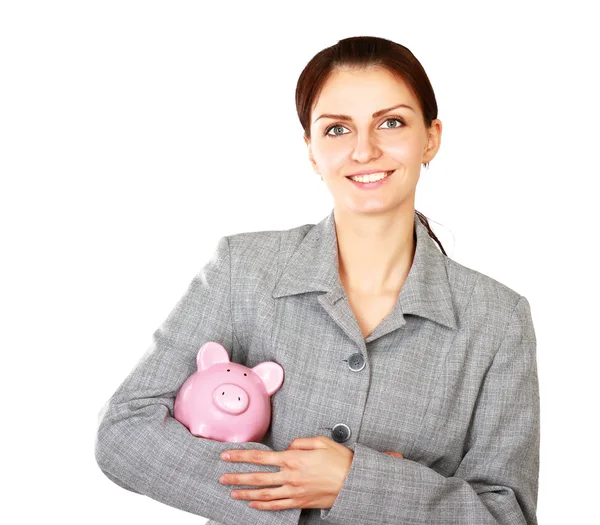 Vrouw met piggy bank — Stockfoto