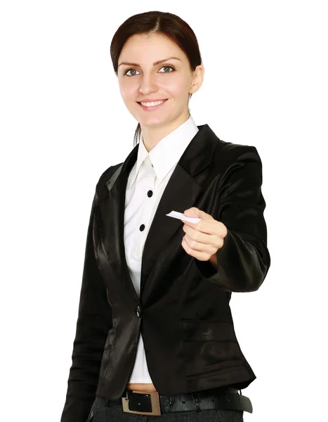 Woman holds out a business or credit card — Stock Photo, Image