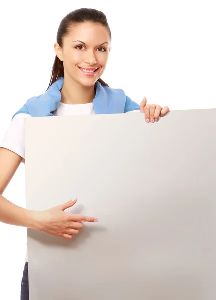 Woman with blank board banner — Stock Photo, Image