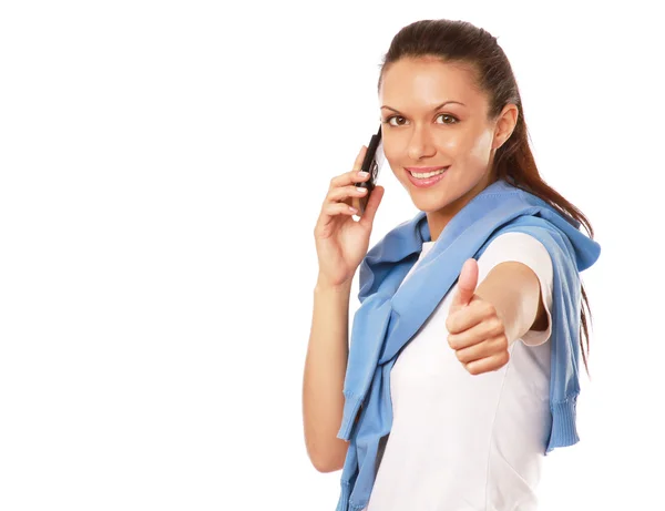 Frau benutzt Handy und zeigt ok — Stockfoto