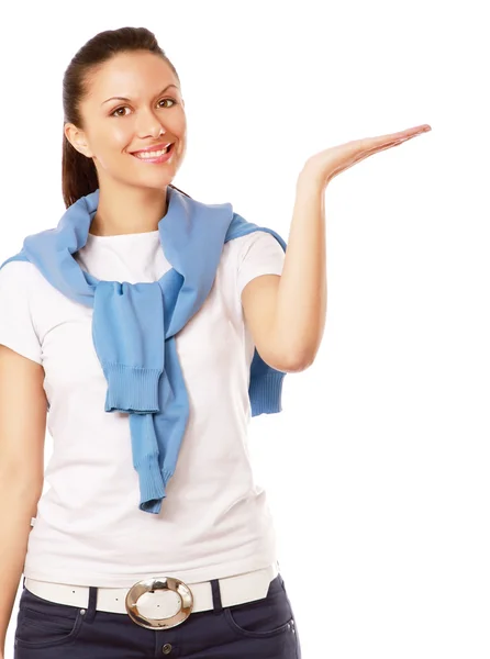 Young woman holding something — Stock Photo, Image