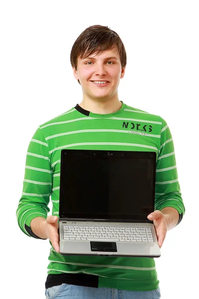 Mann hält Laptop mit leerem Bildschirm — Stockfoto