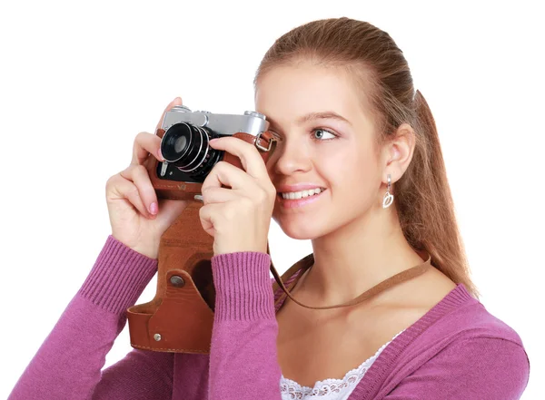 Молода жінка з камерою — стокове фото
