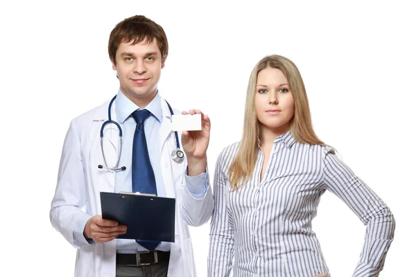 Male doctor showing a card and a patient — Stock Photo, Image
