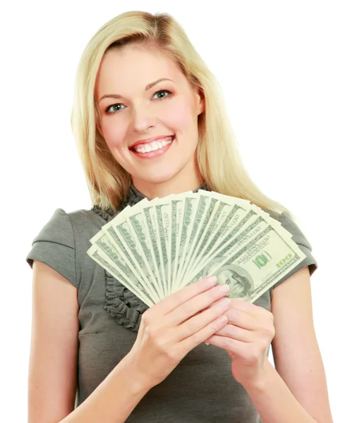 Woman with dollars in her hands — Stock Photo, Image