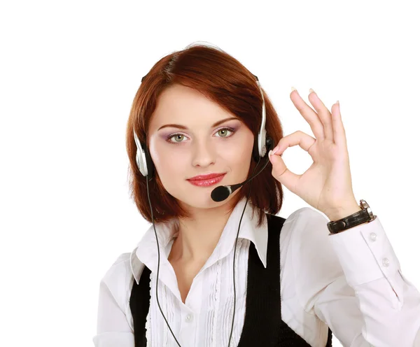 Woman with headset showing OK — Stock Photo, Image