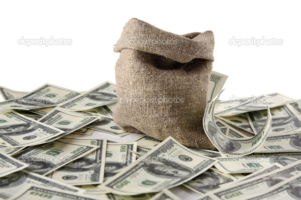 Canvas money sack with one hundred dollar bills