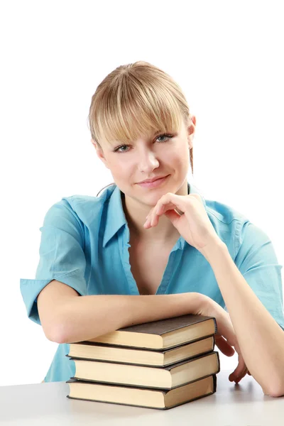 Menina com livros e laptop — Fotografia de Stock