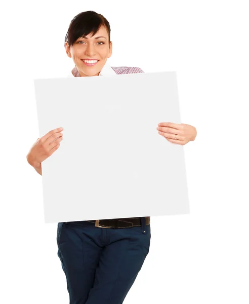 Young woman holding empty white board. — Stock Photo, Image