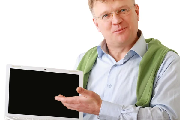 Man presenterar laptop — Stockfoto