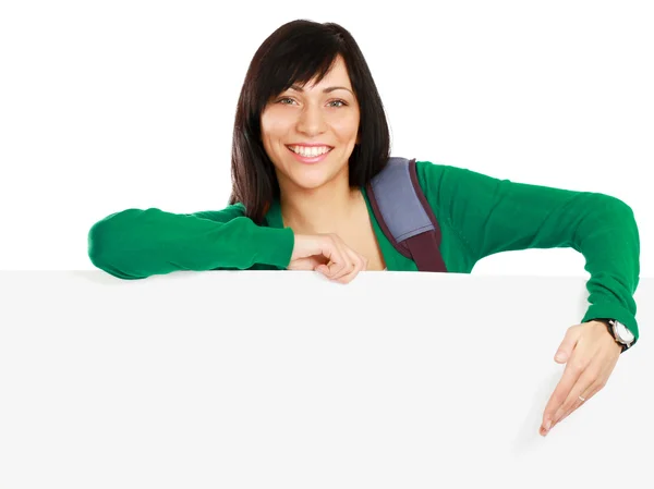 Young woman with blank board banner — Stock Photo, Image
