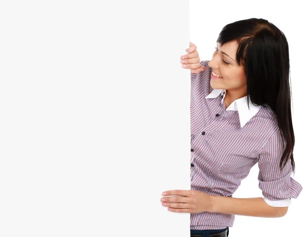 Young woman with blank board banner — Stock Photo, Image