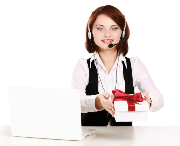 A customer service business woman with gift — Stock Photo, Image