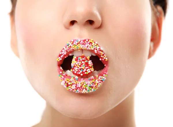 Donna labbra carino dolce caramella — Foto Stock
