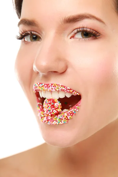 Femme lèvres mignonne bonbons sucrés — Photo