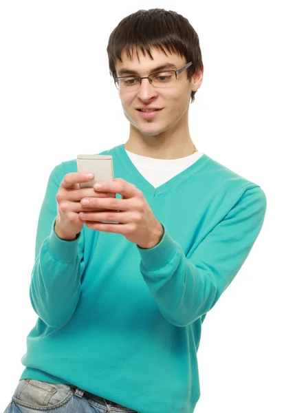 Bir cep telefonu olan genç bir adam Stok Fotoğraf