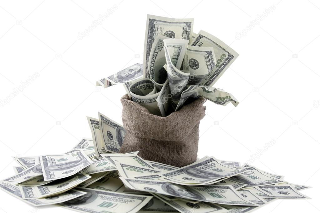 Canvas money sack with dollar bills.