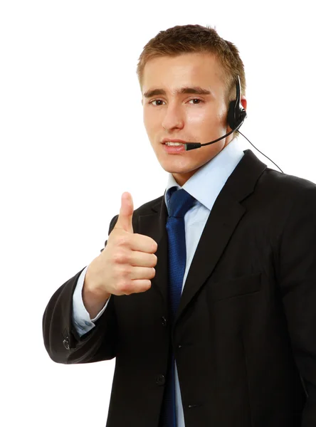 Mann telefoniert mit einem Headset zeigt ok — Stockfoto