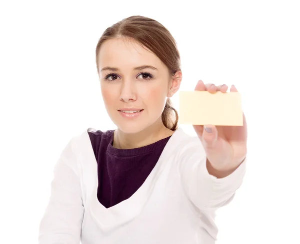 Joven mujer sosteniendo tarjeta — Foto de Stock