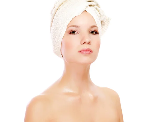 Woman with  towel on her head — Stock Photo, Image