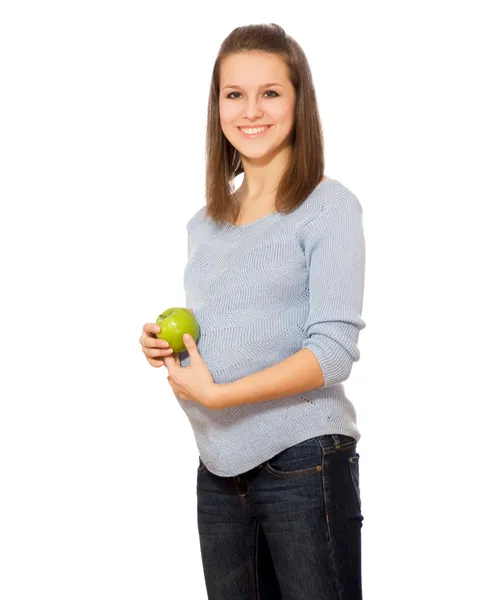 Mujer embarazada sosteniendo manzana verde —  Fotos de Stock