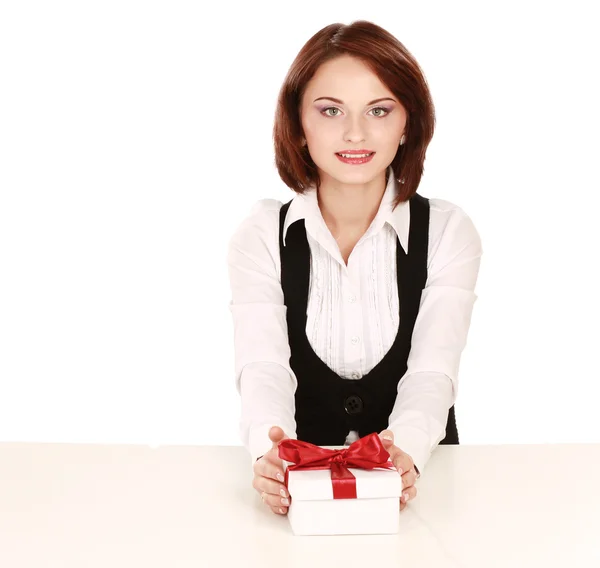 Businesswoman with gift box — Stock Photo, Image