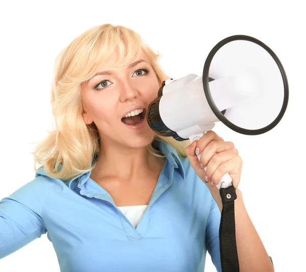 Girl shouting with megaphone — Stock Photo, Image
