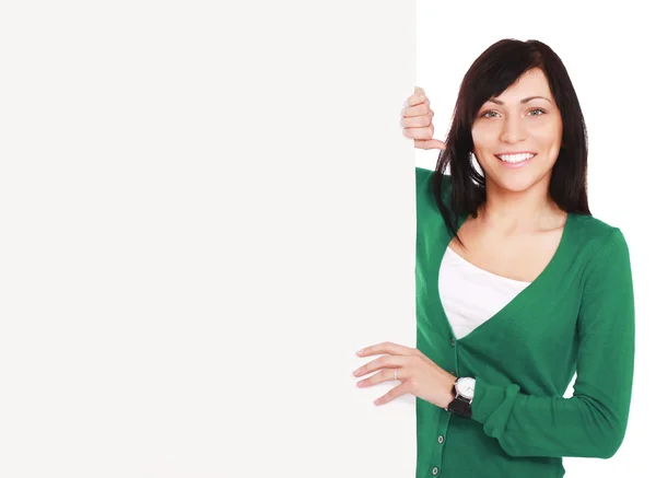 Frau mit leerem Schild-Banner — Stockfoto