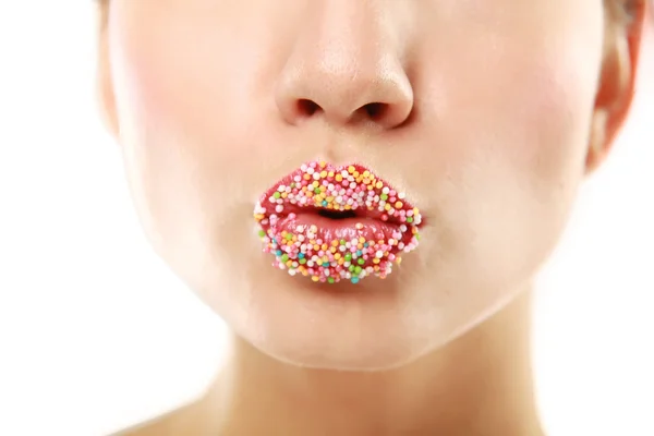 Woman lips with multicolored pearls — Stock Photo, Image