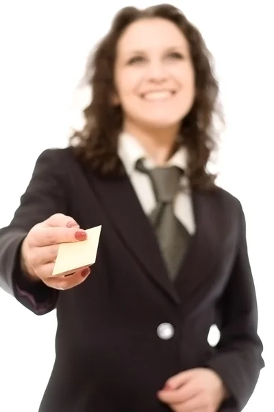 Woman holds out business card — Stock Photo, Image