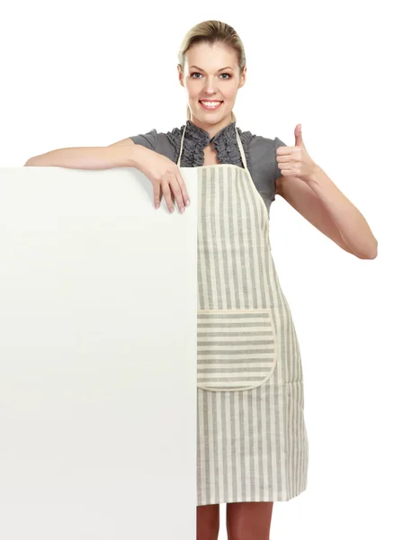 Woman wearing apron and  blank — Stock Photo, Image