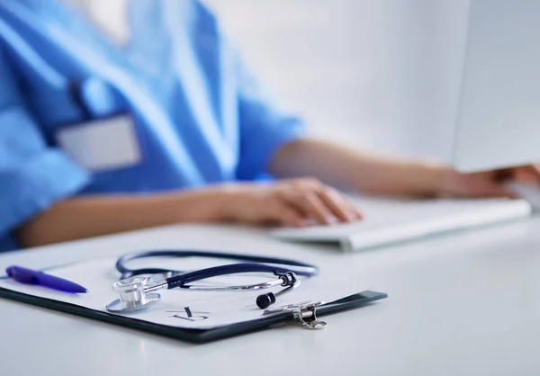 Stethoscope Desk Doctor Working Hospital Healthcare Medical Concept — Stock Photo, Image