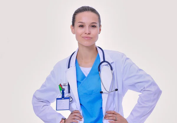 Beautiful Young Woman White Coat Posing Hand Pocket Woman Doctor — Stock Photo, Image