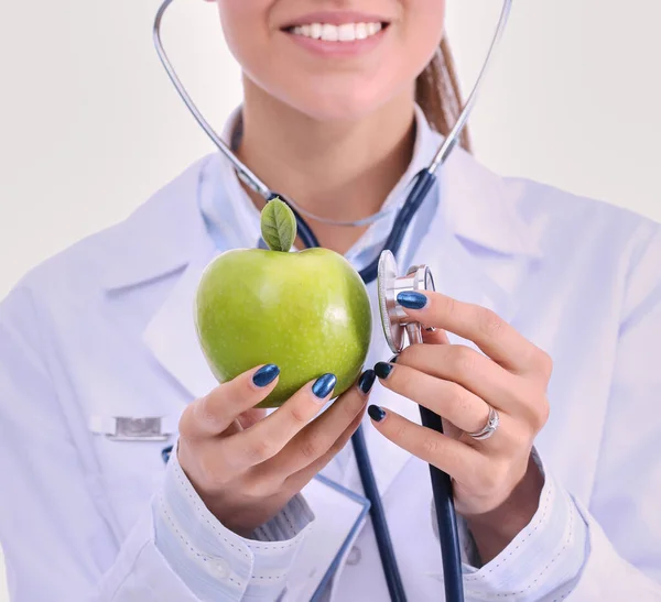 Médico Médico Mujer Examinando Manzana Con Estetoscopio Mujeres Doctores — Foto de Stock