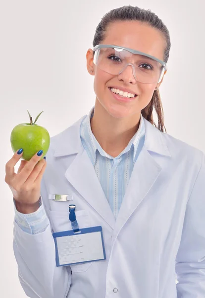 Mosolygó Doktornő Egy Zöld Almával Női Orvos — Stock Fotó
