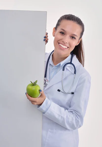 Smiling Doctor Apple Blank Banner Woman Doctors — Stock Photo, Image