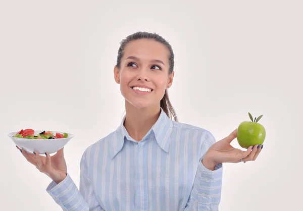 Retrato Una Hermosa Doctora Sosteniendo Plato Con Verduras Frescas Manzana — Foto de Stock