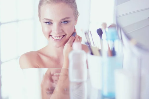 Young Woman Bathrobe Looking Bathroom Mirror — Stock Photo, Image