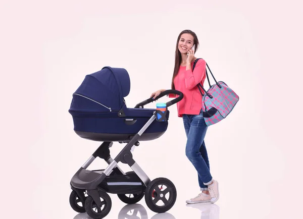 Full Length Portrait Mother Stroller Isolated White Background Young Mom — Stock Photo, Image