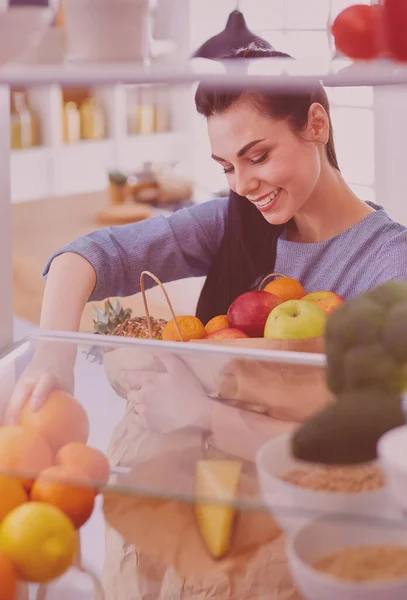 Smiling Woman Taking Fresh Fruit Out Fridge Healthy Food Concept — Stock Photo, Image
